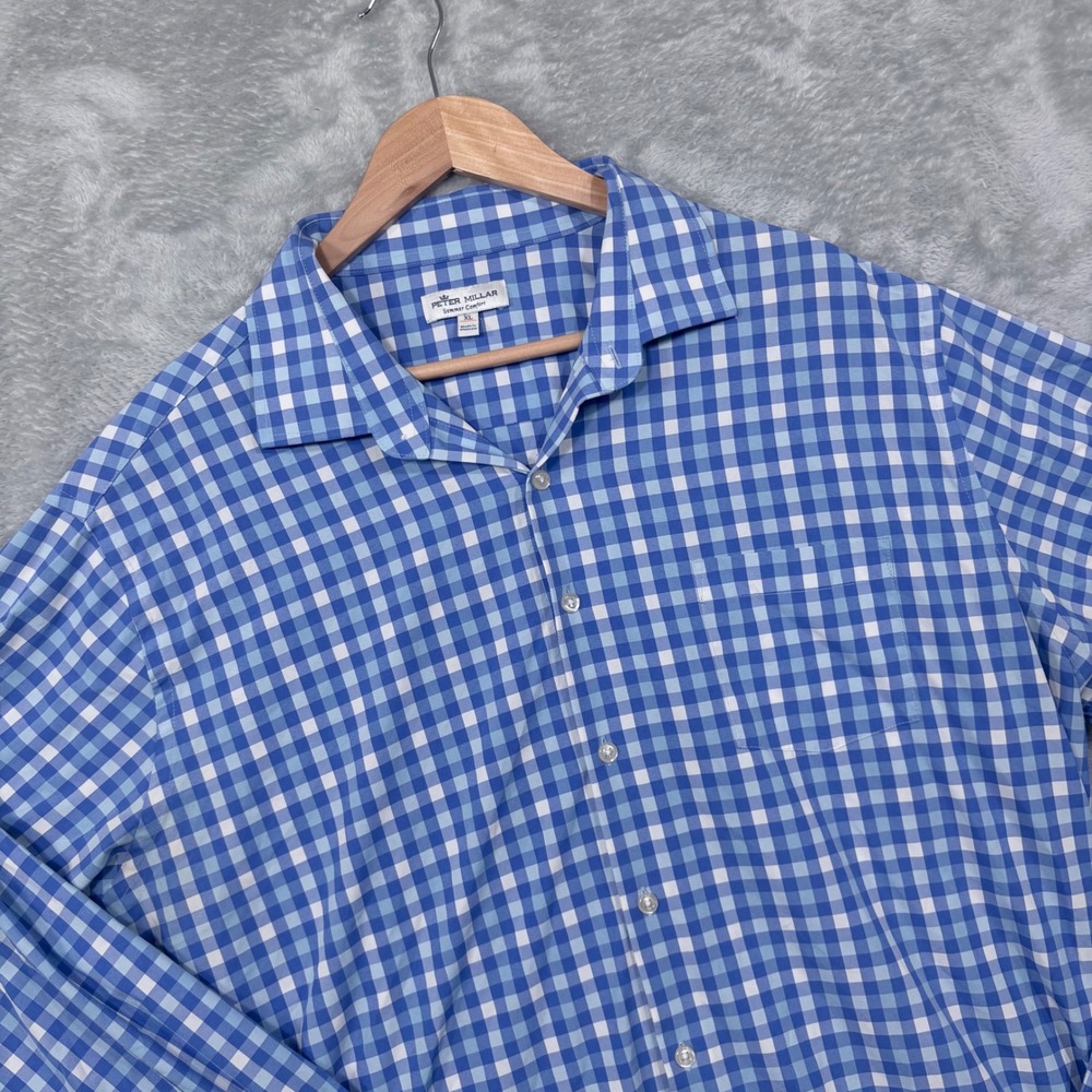 Peter Millar Shirt Mens XL Blue White Gingham Summer Comfort Long Sleeve Button